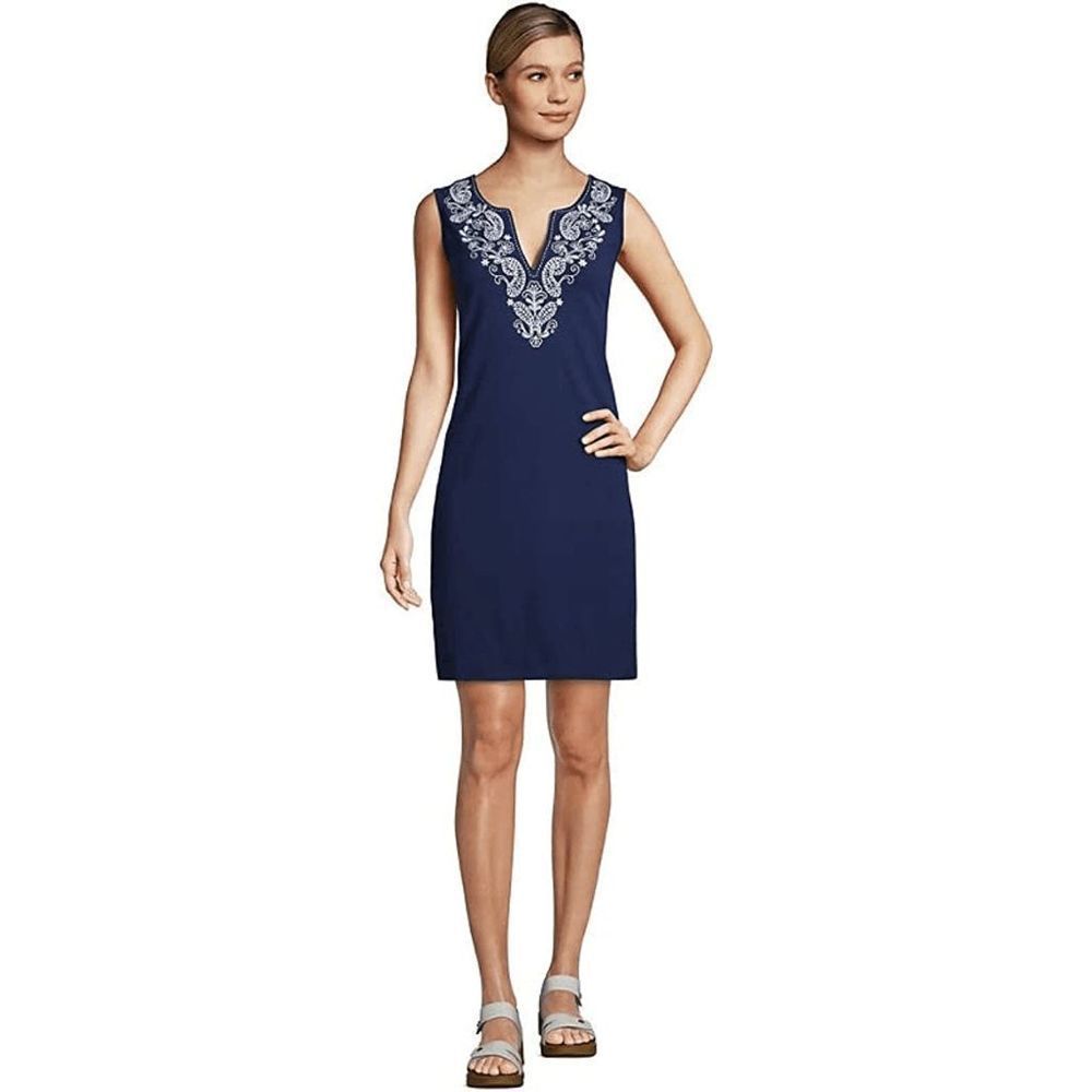 LANDS END Women's Cover-Up Dress Sleeveless Navy White Size Medium